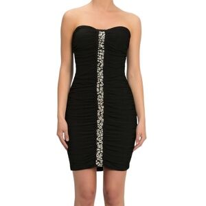 Taboo Mini Dress HOCO Size Small Black Bodycon Strapless Ruched Rhinestone Party